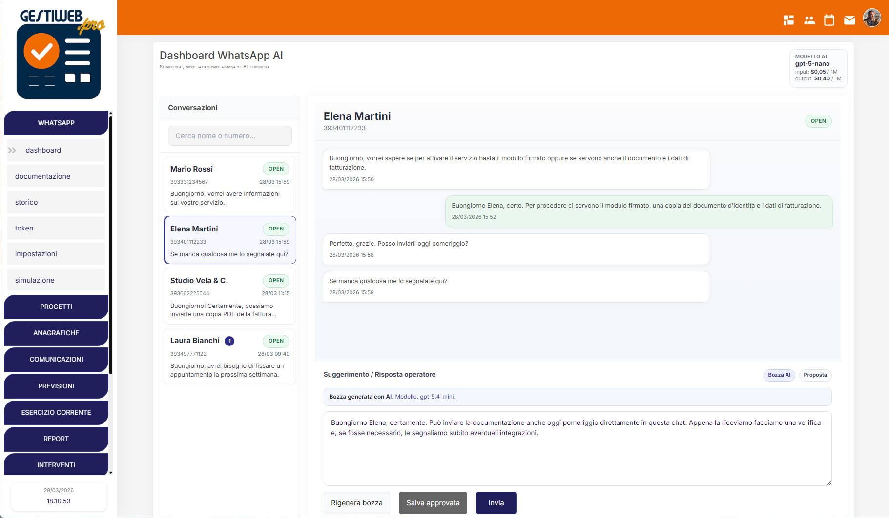 Dashboard conversazioni WhatsApp